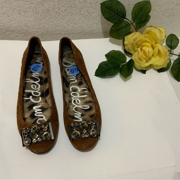 Sam Edelman Women's Ballet Flat Size 6.5 Brown Leather Slip On Shoe Beaded - Picture 3 of 11